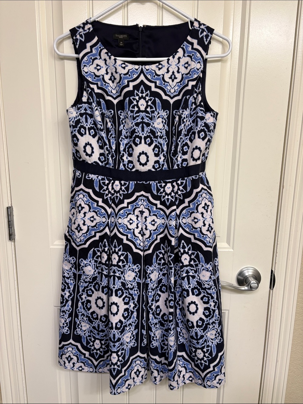 Talbots Navy, Light Blue & White Sleeveless Fit-and-Flare Dress